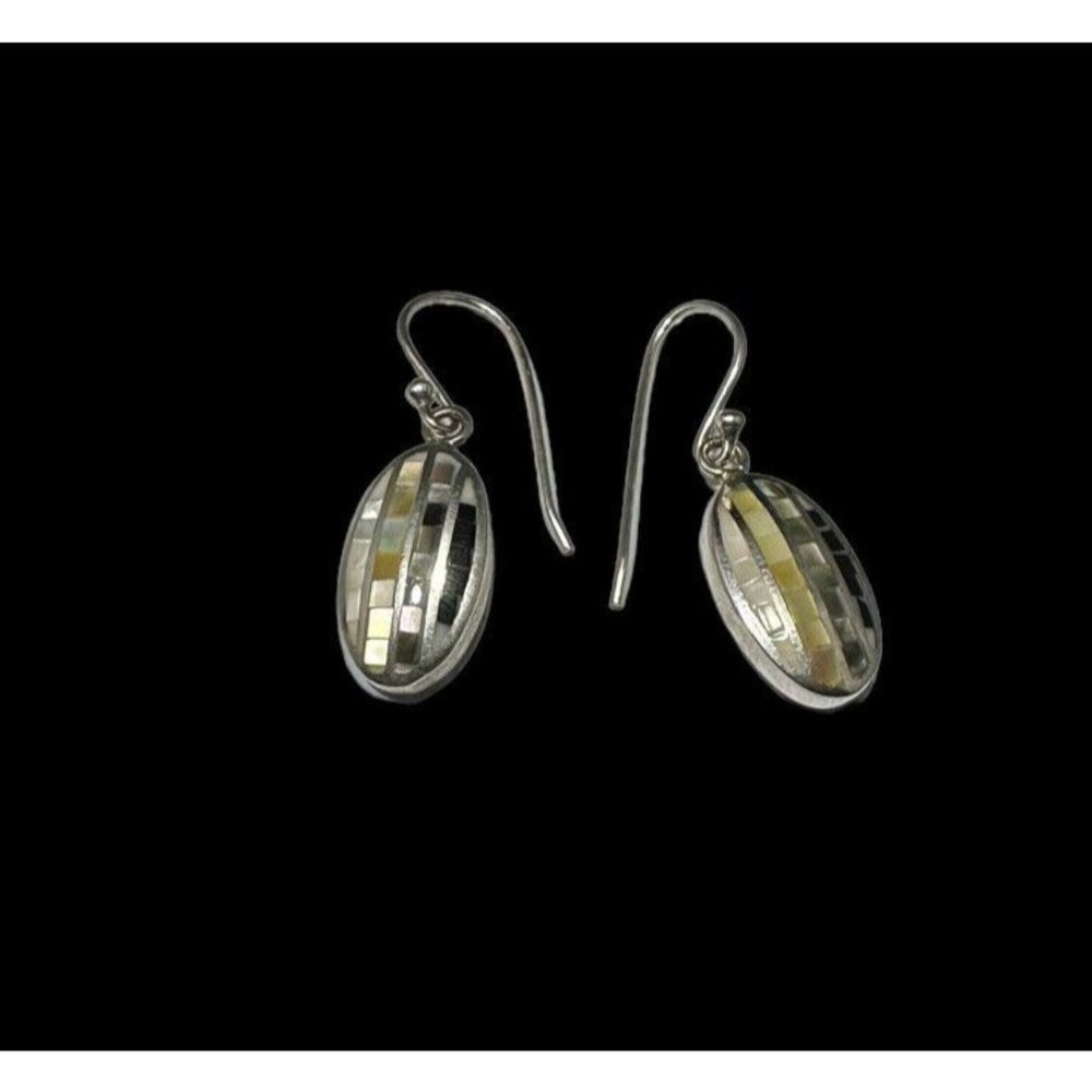 Signed ATI Thai 925 Sterling Mosaic Multi Gemstone Earrings Oval Hook Dangle
